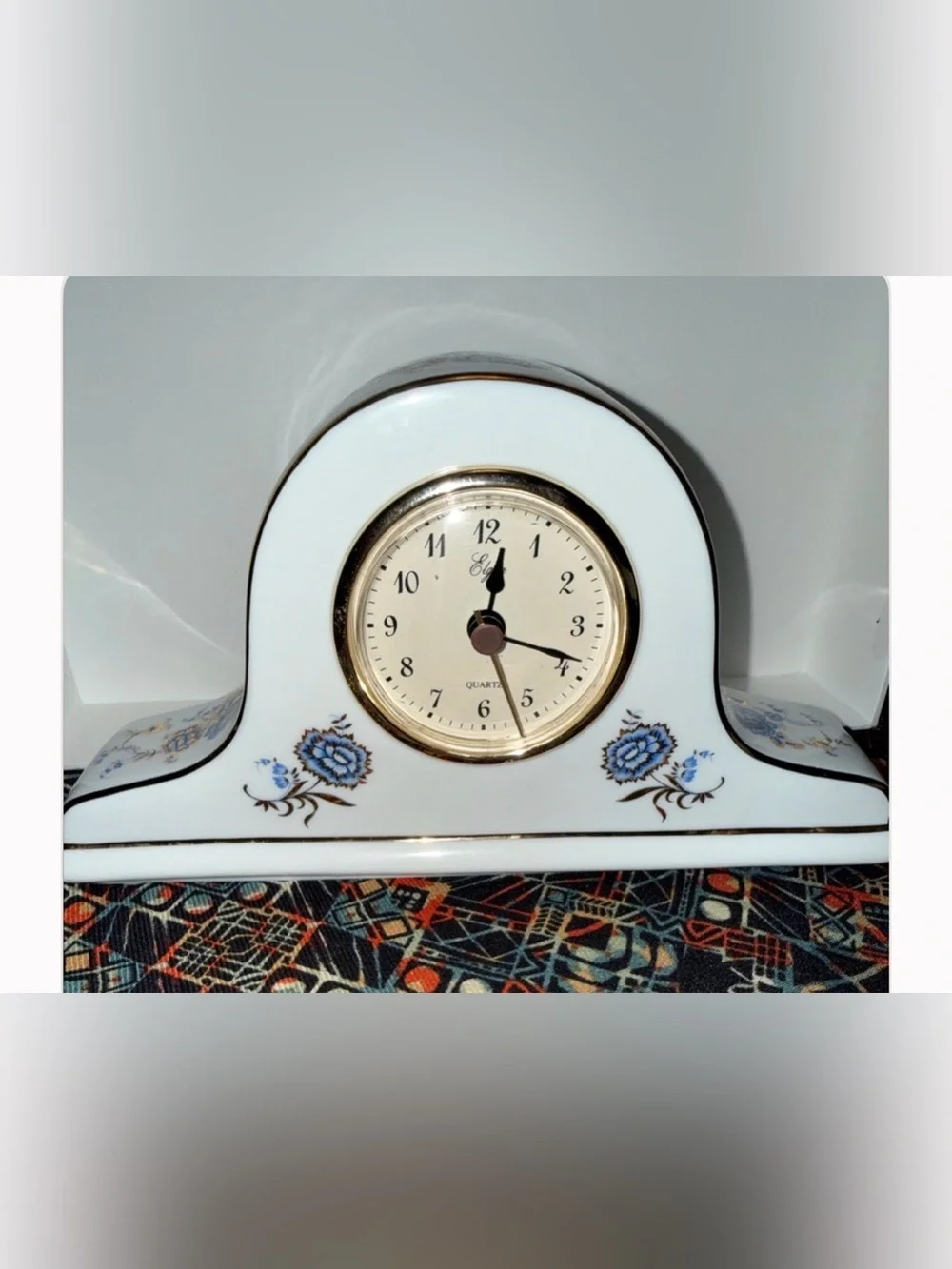 Vintage Elgin White Porcelain Mantel Clock with Blue Floral Accents-Gold trim.